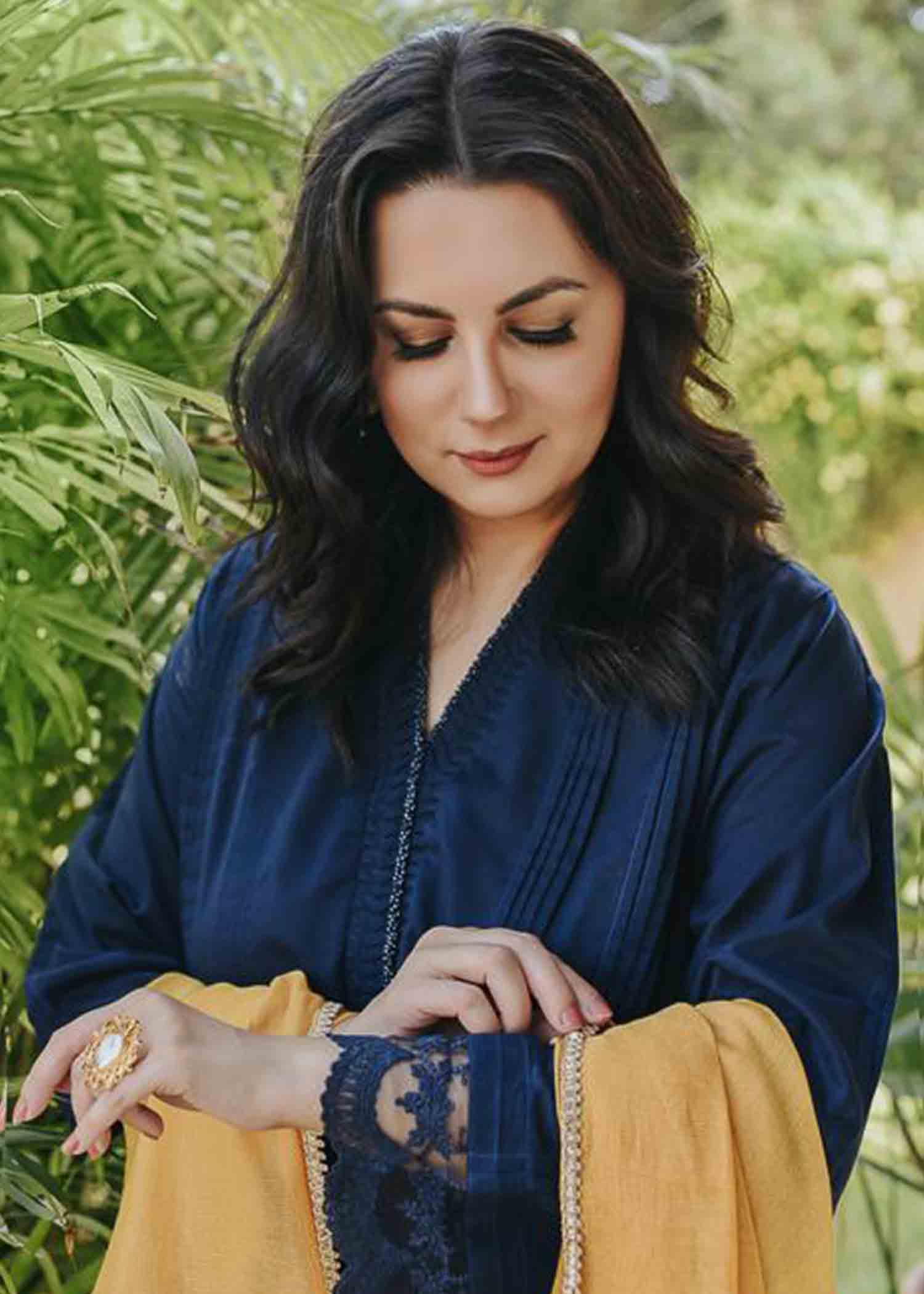 Nuqsh NRA 002 Navy Blue Kurta, White Straight Pants, Sunflower Yellow Dupatta Women