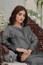 Khas Stitched Silk Shirt & Trouser Dark Grey KFS 2370