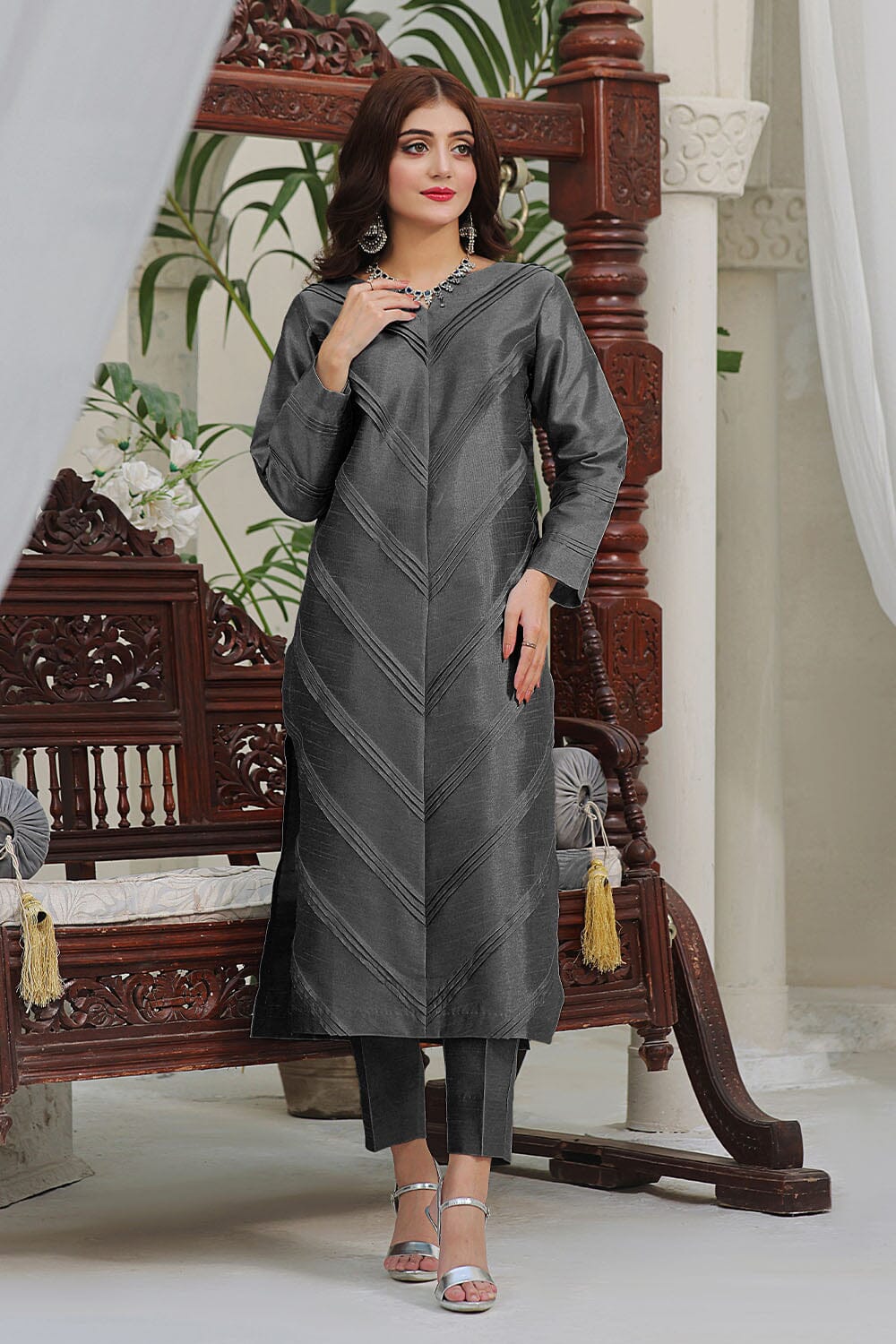 Khas Stitched Silk Shirt & Trouser Dark Grey KFS 2370