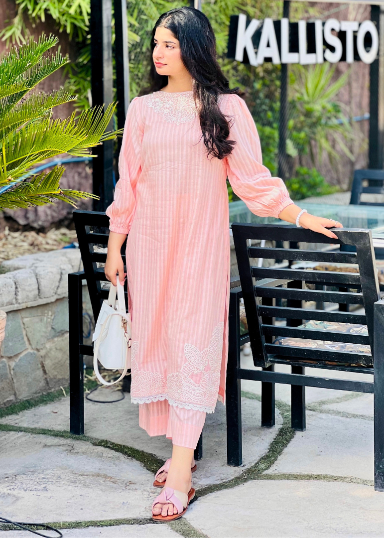 Haya'S Creation Peach Self Tarkashi Lawn Dress with Embroidered Patches Women 2pcs