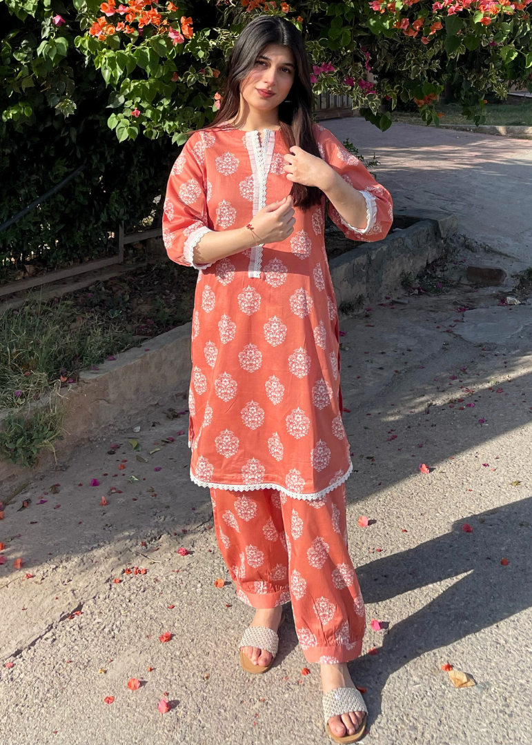 Haya'S Creation Printed Coral Lawn Dress with Patyala Style Bottom Women 2pcs