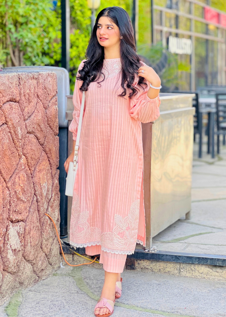 Haya'S Creation Peach Self Tarkashi Lawn Dress with Embroidered Patches Women 2pcs