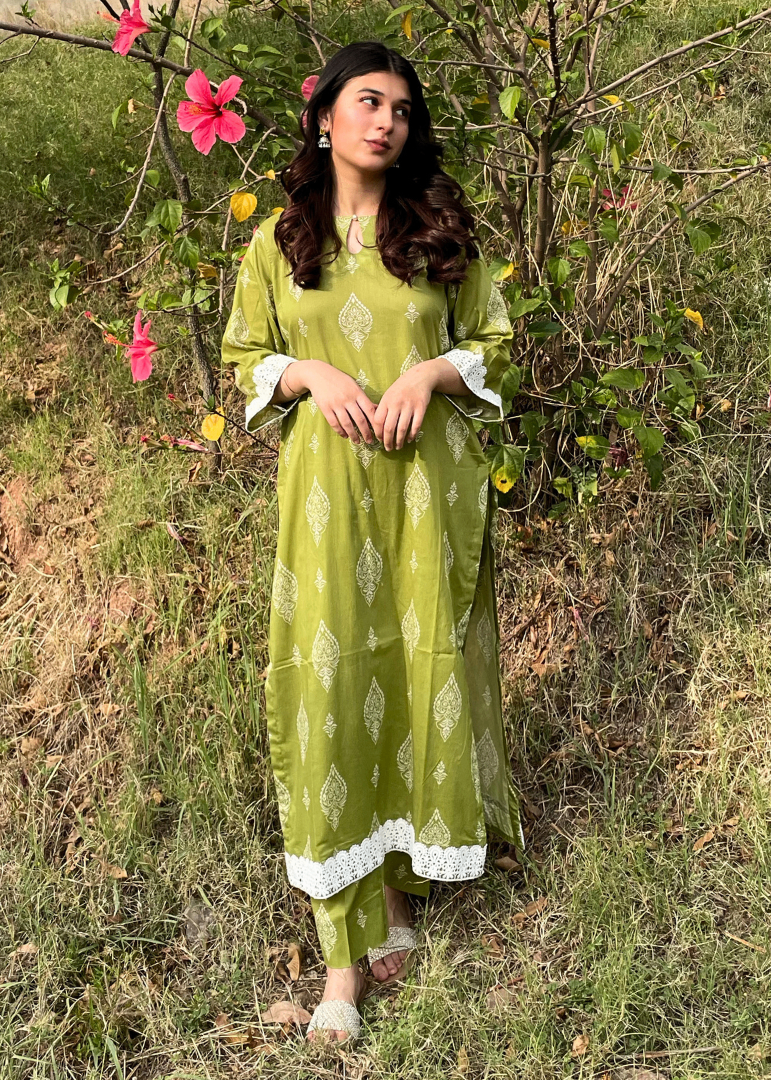 Haya'S Creation Digital Printed Green Lawn Dress with Plazo Women 2pcs