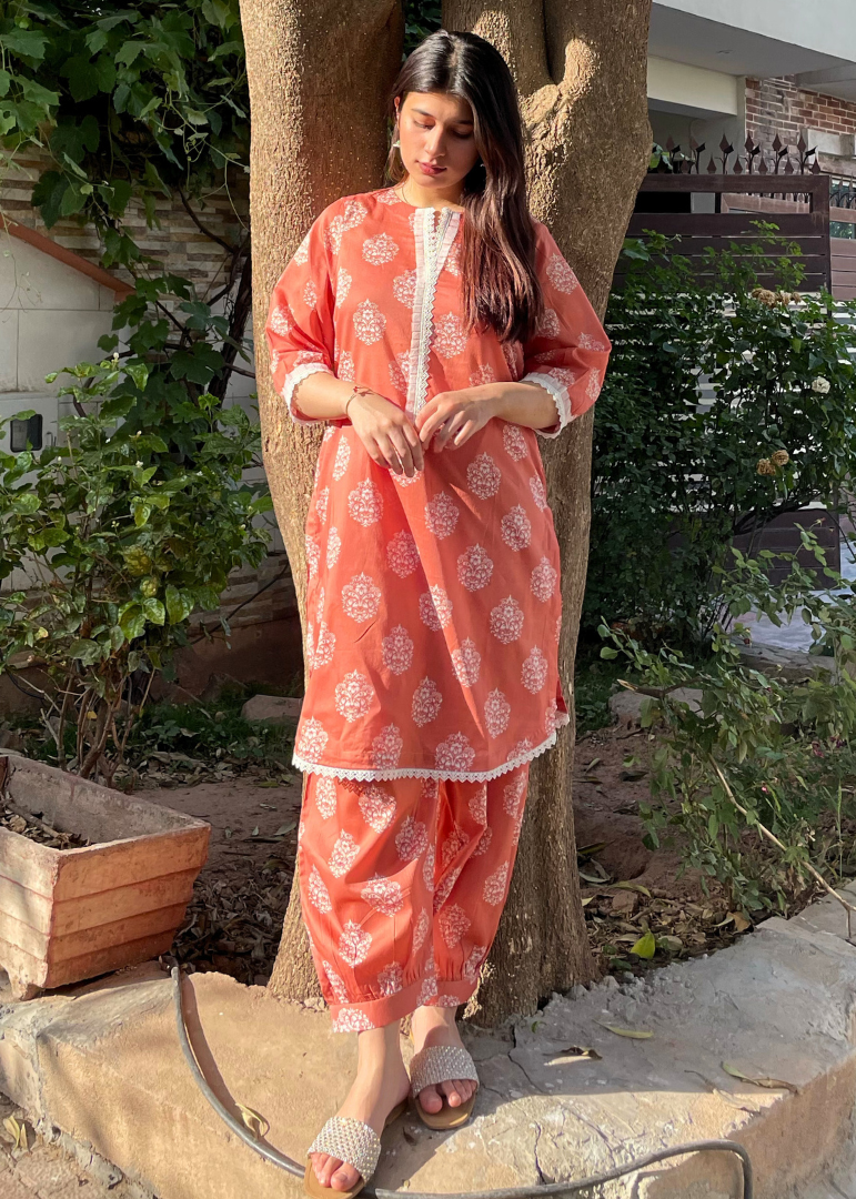 Haya'S Creation Printed Coral Lawn Dress with Patyala Style Bottom Women 2pcs