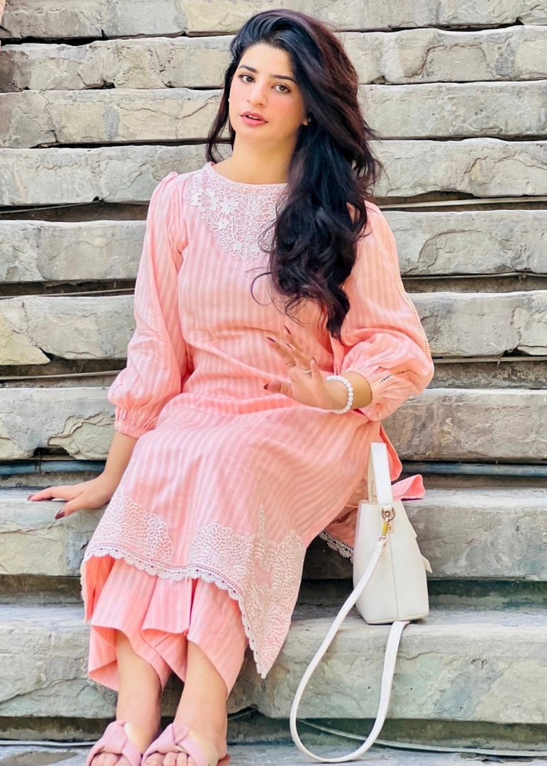 Haya'S Creation Peach Self Tarkashi Lawn Dress with Embroidered Patches Women 2pcs