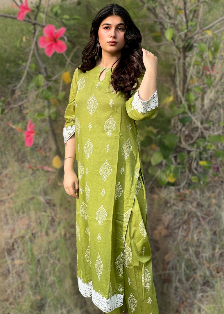 Haya'S Creation Digital Printed Green Lawn Dress with Plazo Women 2pcs