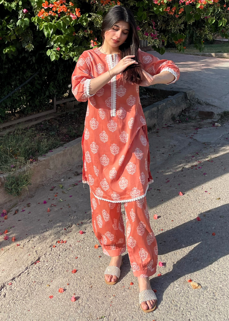Haya'S Creation Printed Coral Lawn Dress with Patyala Style Bottom Women 2pcs