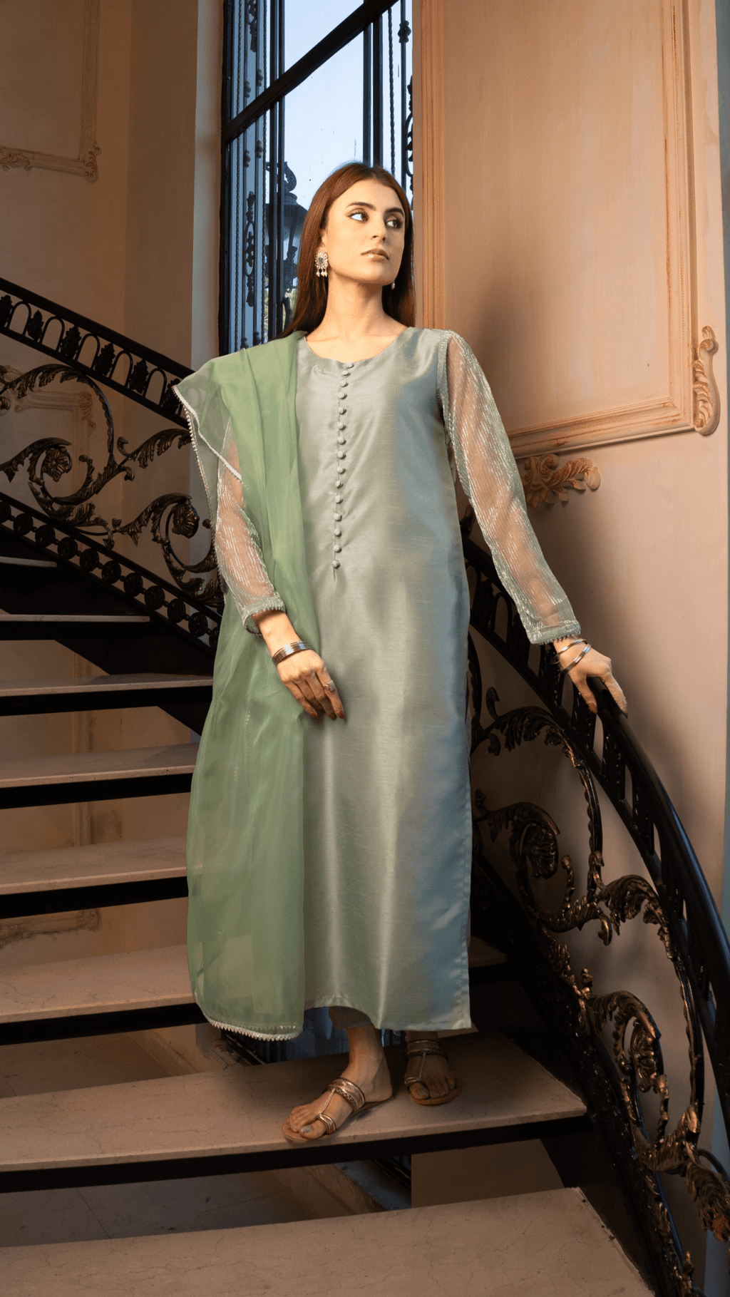 Naaz Couture Pistachio Green Raw Silk Suit Women 3pcs