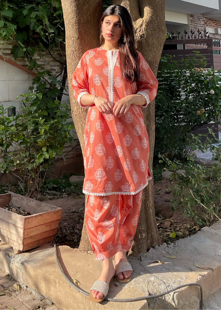 Haya'S Creation Printed Coral Lawn Dress with Patyala Style Bottom Women 2pcs