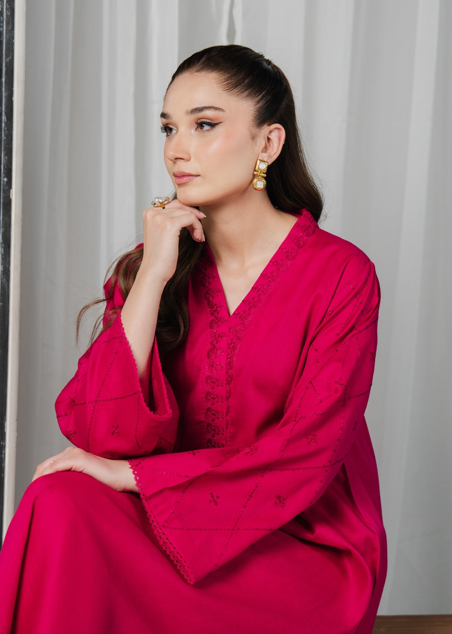 Buzzazi Bright Pink Embroidered Suit Women 2pcs