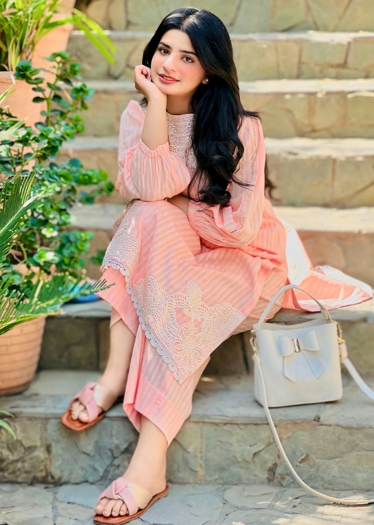 Haya'S Creation Peach Self Tarkashi Lawn Dress with Embroidered Patches Women 2pcs