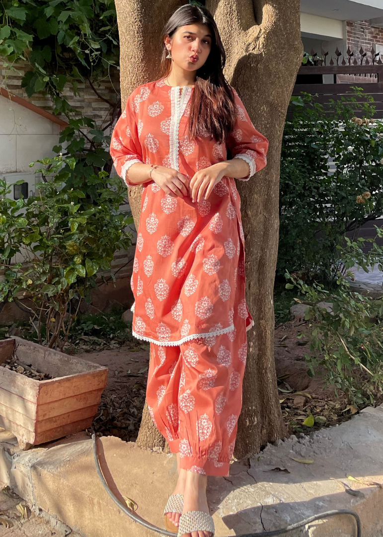 Haya'S Creation Printed Coral Lawn Dress with Patyala Style Bottom Women 2pcs