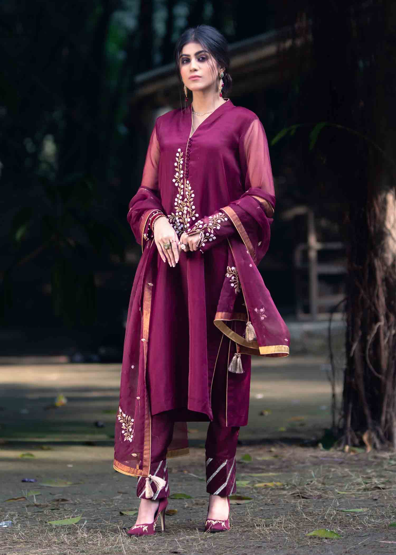 Eraj Hussain Maroon Dress — HANOOZ Women 3pcs