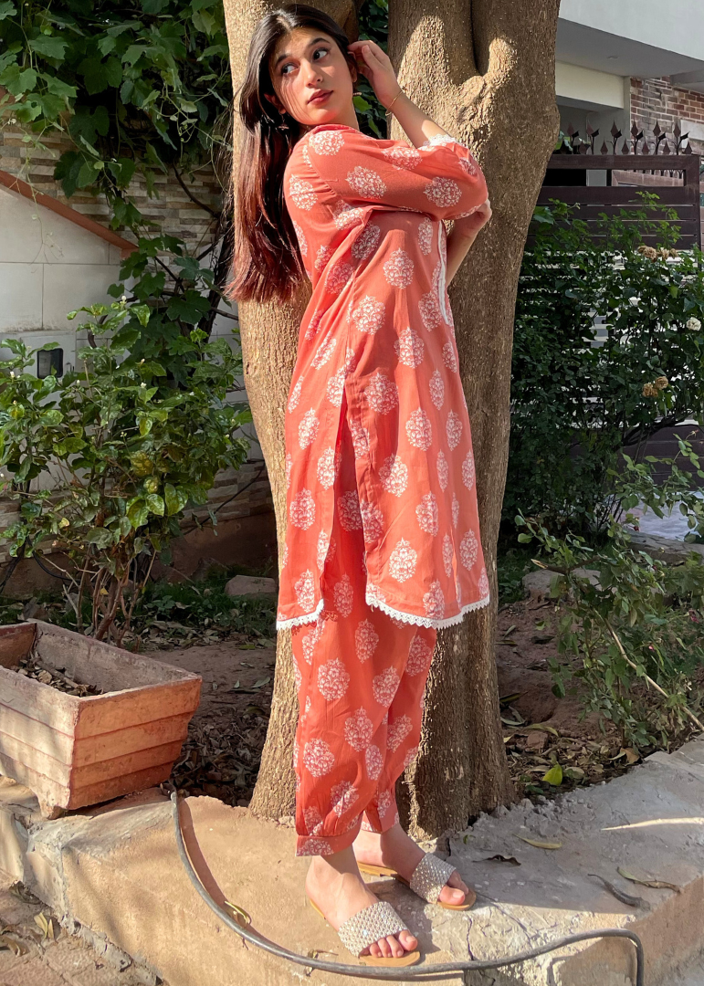 Haya'S Creation Printed Coral Lawn Dress with Patyala Style Bottom Women 2pcs