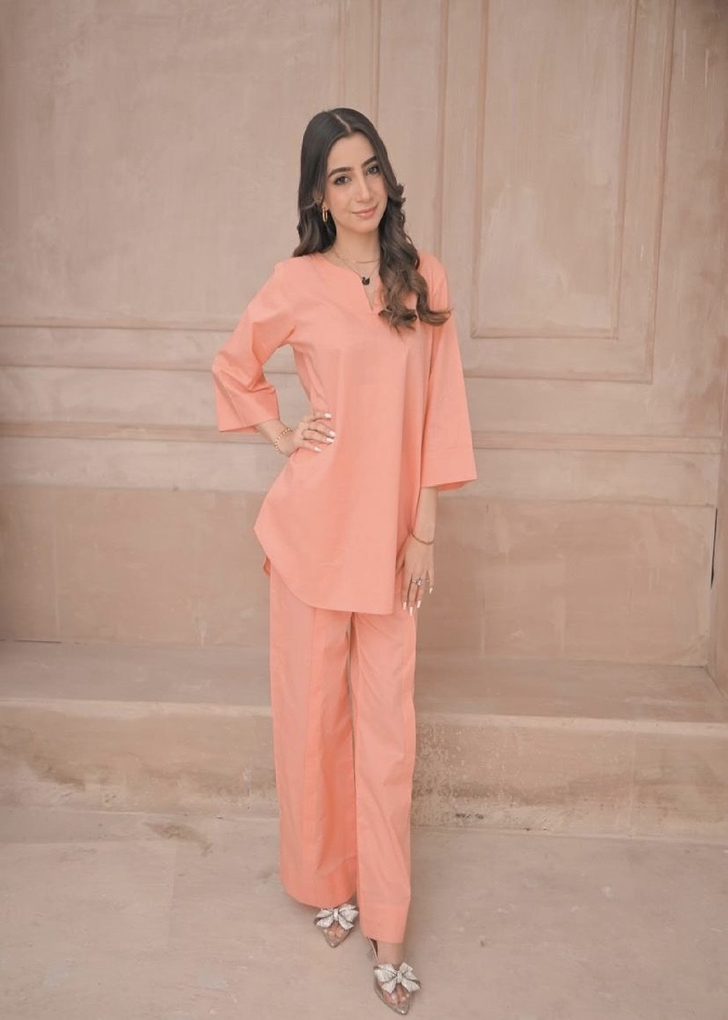 Zauk Peach Two Piece Dress Women 2pcs