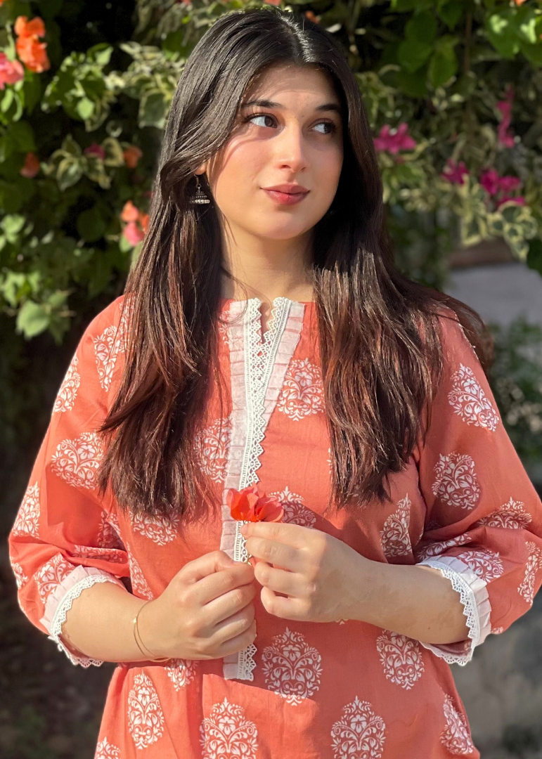 Haya'S Creation Printed Coral Lawn Dress with Patyala Style Bottom Women 2pcs