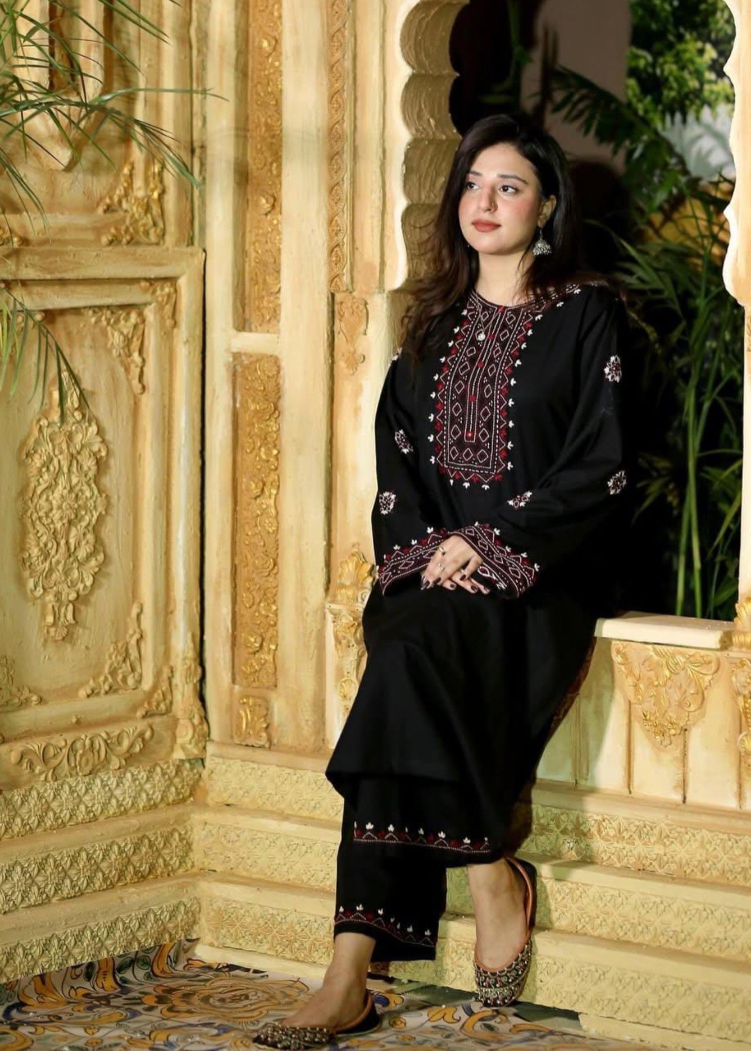 Tehzeeb Libas Midnight Maroon Embroidered Linen Suit Women 2pcs
