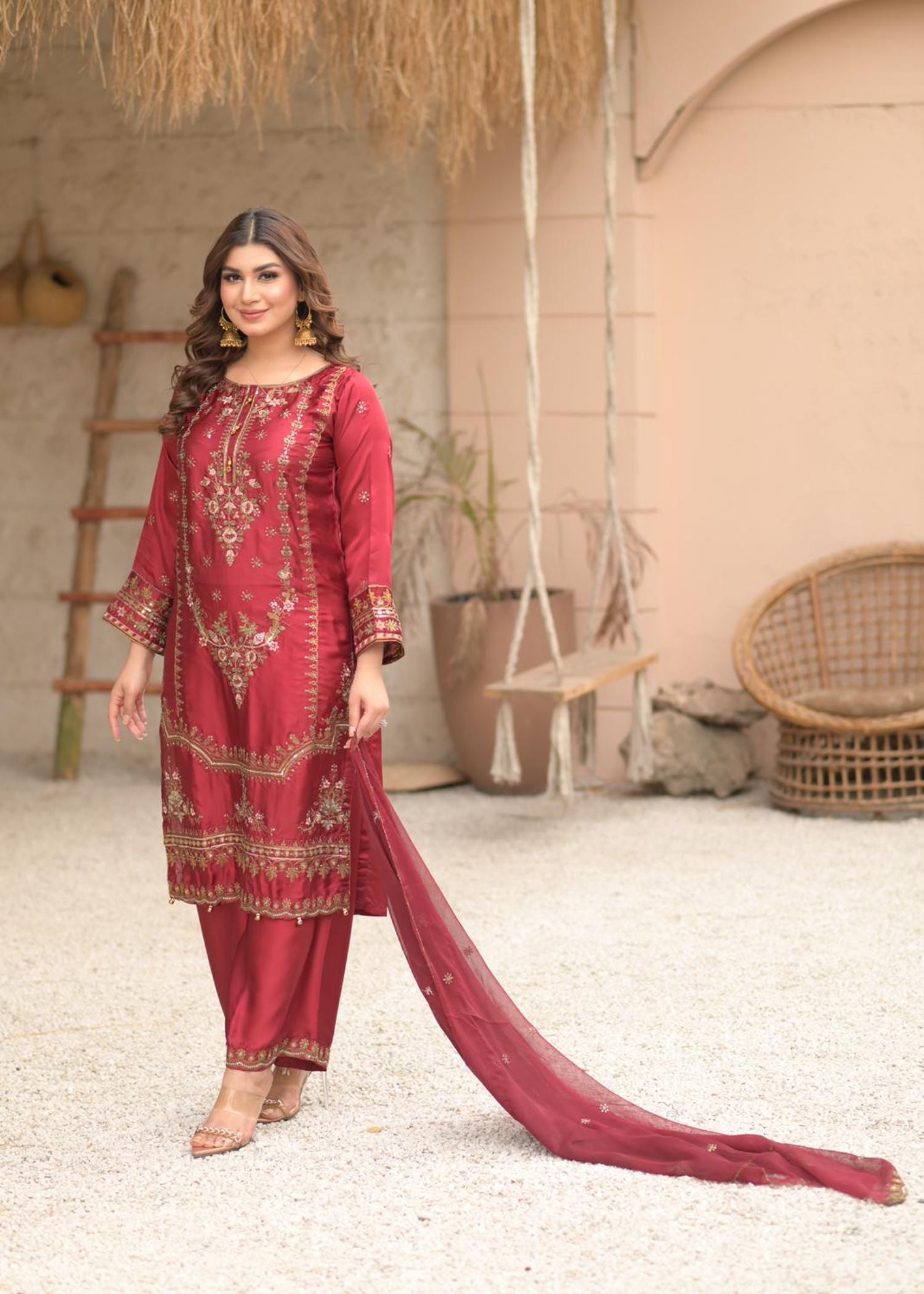 Rangoon Clothing Celestia Maroon Silken Women 3pcs