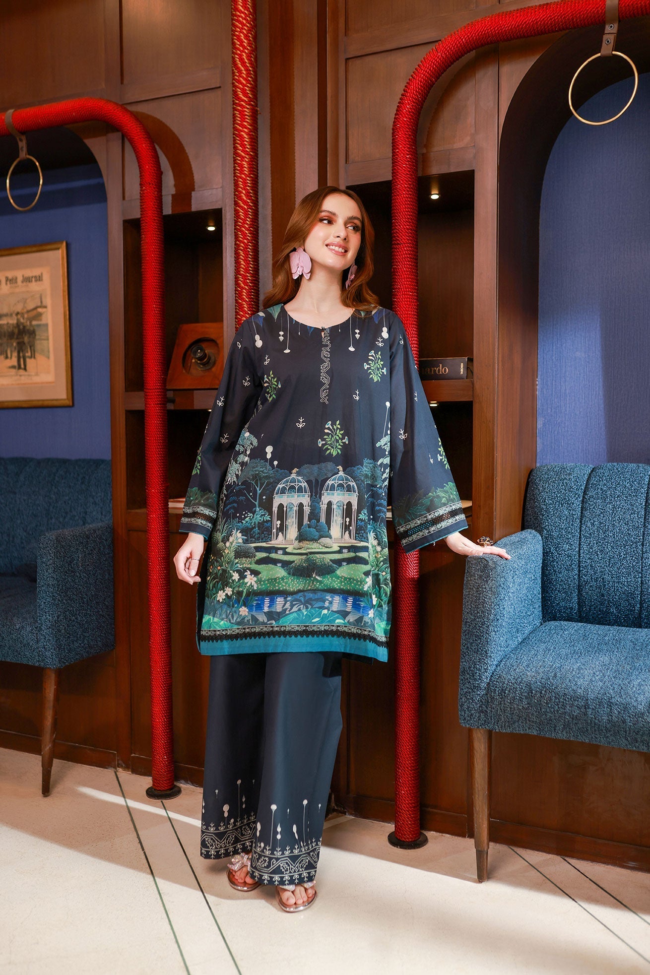 Dhanak SS24DC 2530 NAVY BLUE LAWN PRINTED KURTA WITH TROUSER Women 2pcs