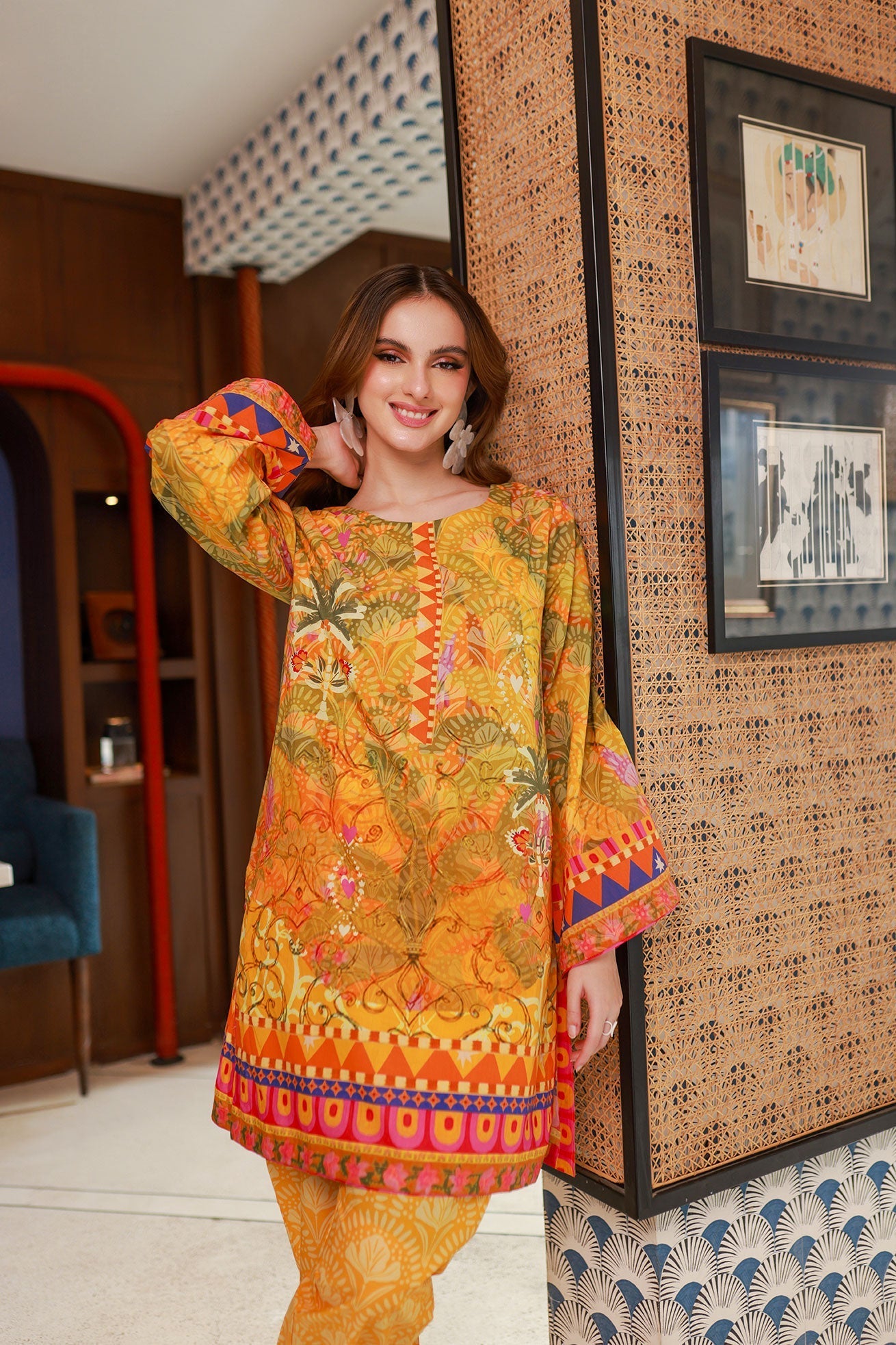 Dhanak SS24DC 2532 MUSTARD LAWN PRINTED KURTA WITH TROUSER Women 2pcs