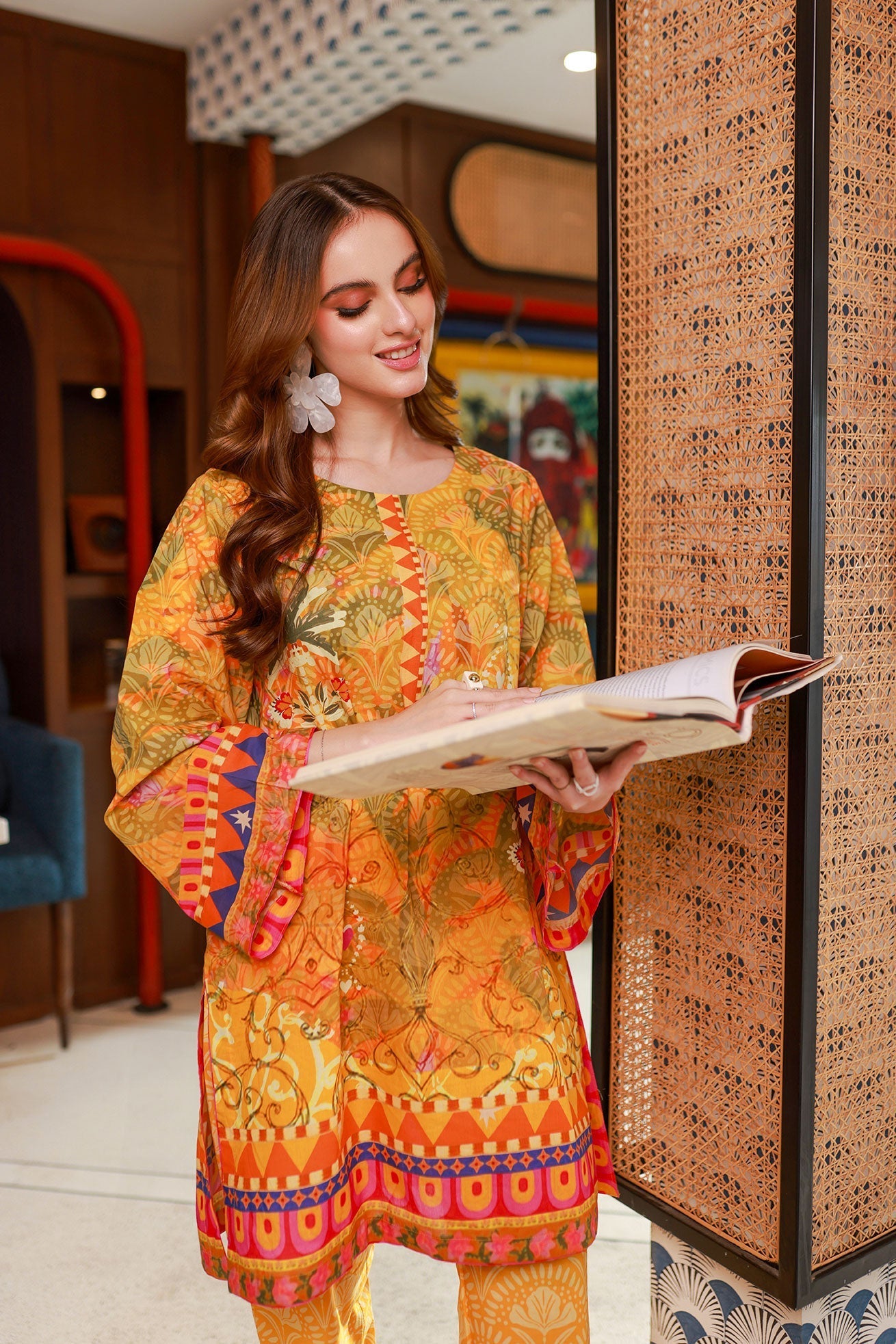 Dhanak SS24DC 2532 MUSTARD LAWN PRINTED KURTA WITH TROUSER Women 2pcs