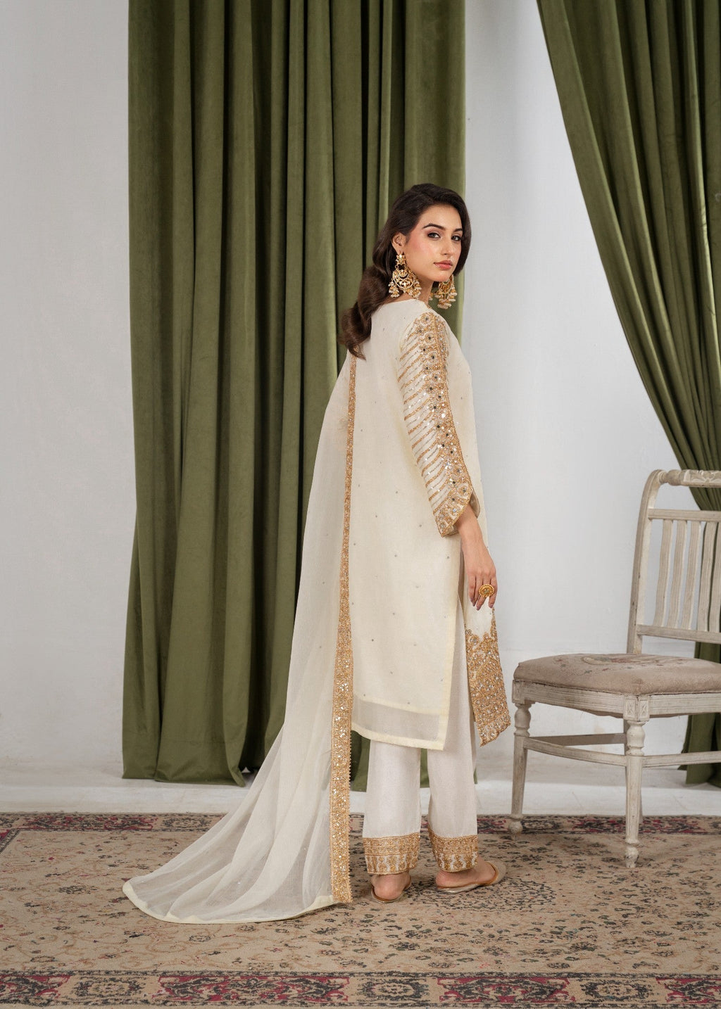 Hkb Officials ZUHAL Chiffon Half White & Gold Women 3pcs