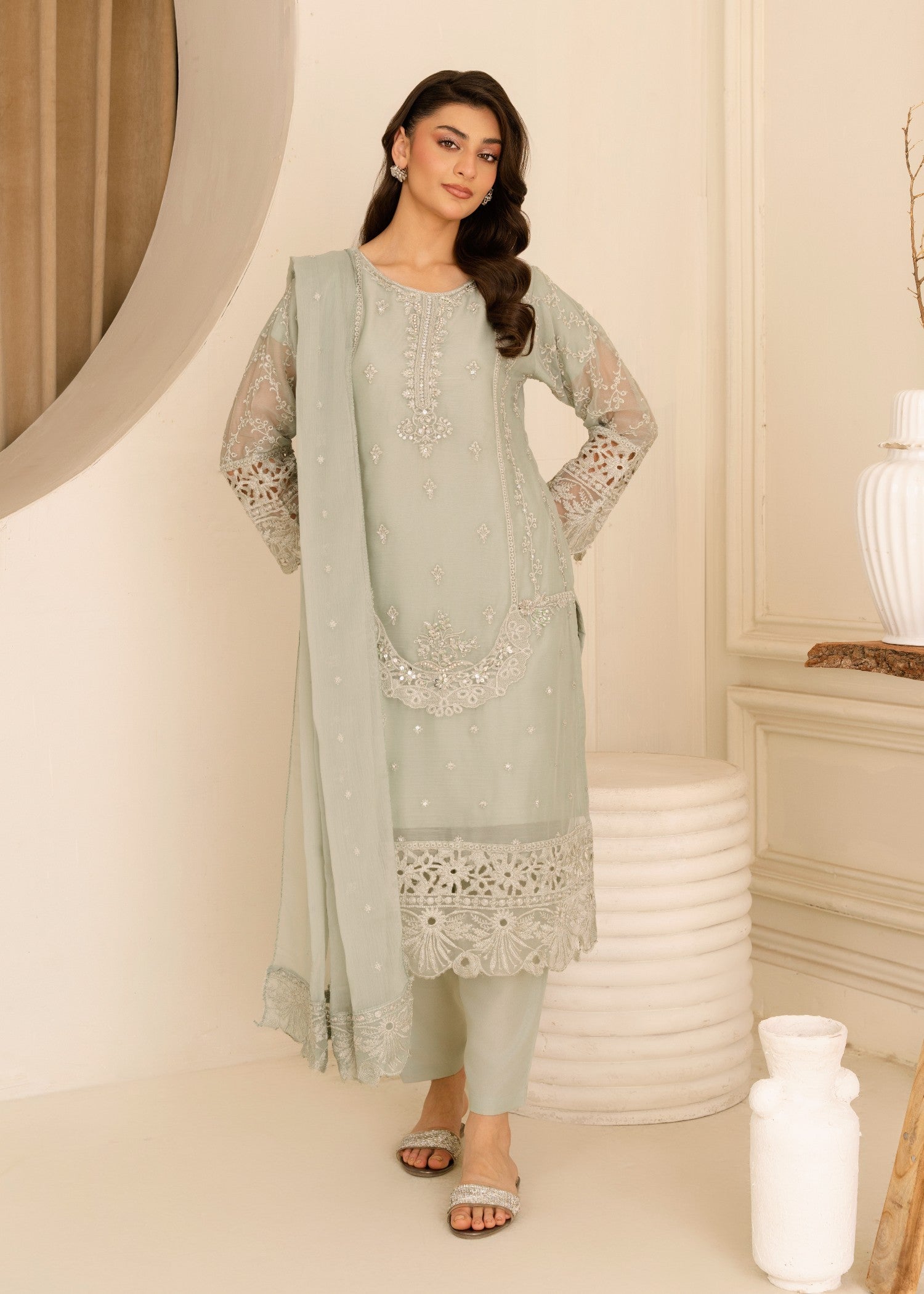 Four Season Boutique CUTWORK CHIFFON PASTEL GREEN Women 3pcs