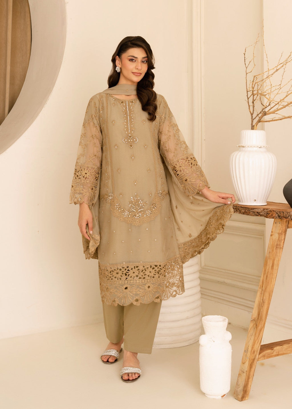 Four Season Boutique CUTWORK CHIFFON BEIGE Women 3pcs