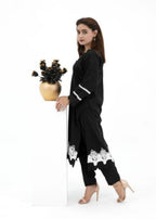 Pretbee Black Crochet Set with Pearl Buttons Women 2pcs