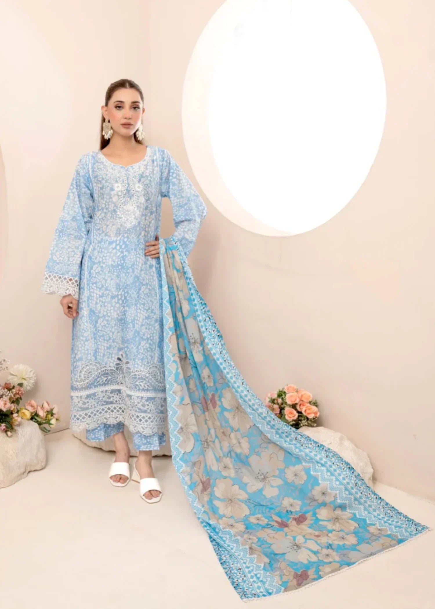 Humna & Momina EMBROIDERED PRINTED LAWN SUIT (Sky Blue) Women 3pcs