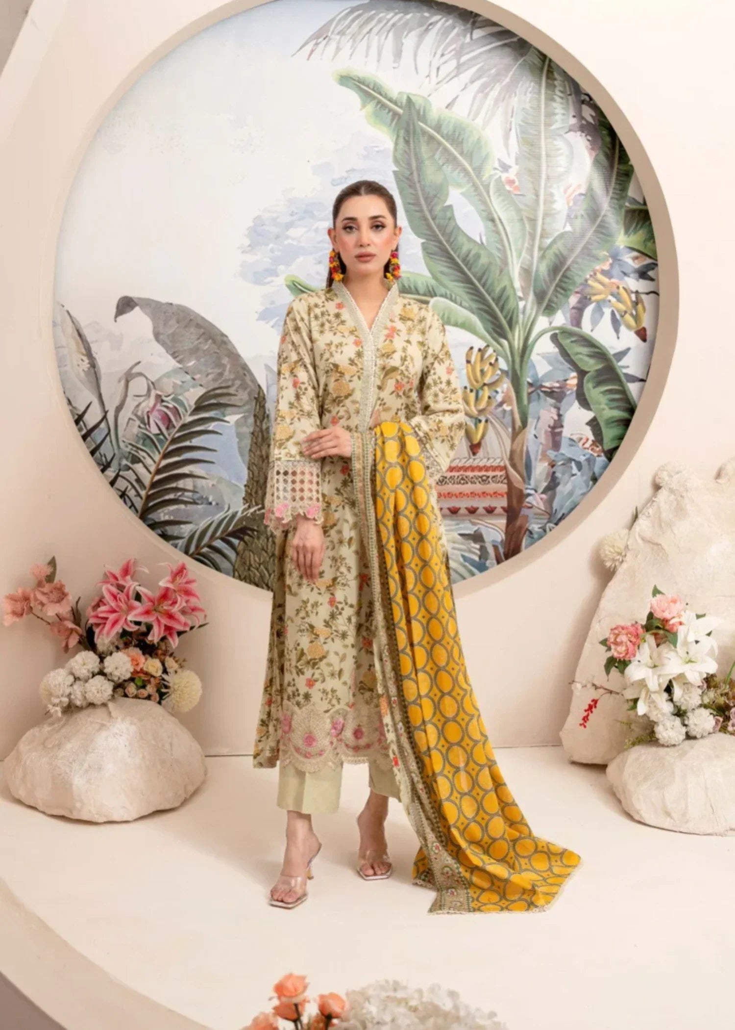 Humna & Momina Embroidered Printed Lawn Attire (flax) Women 3pcs