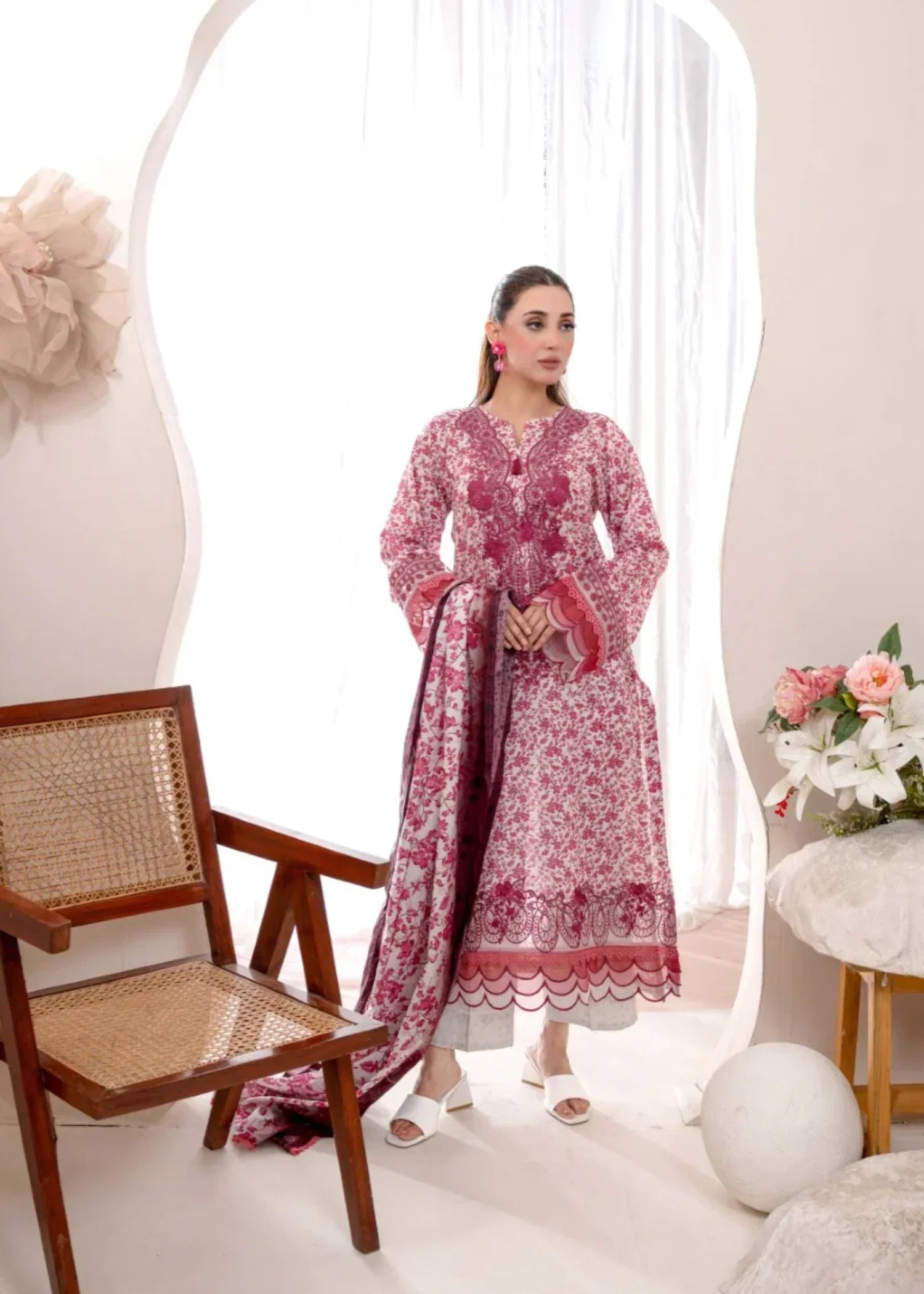 Humna & Momina Printed Lawn Suit with Embroidered Detailing (watermelon pink) Women 3pcs