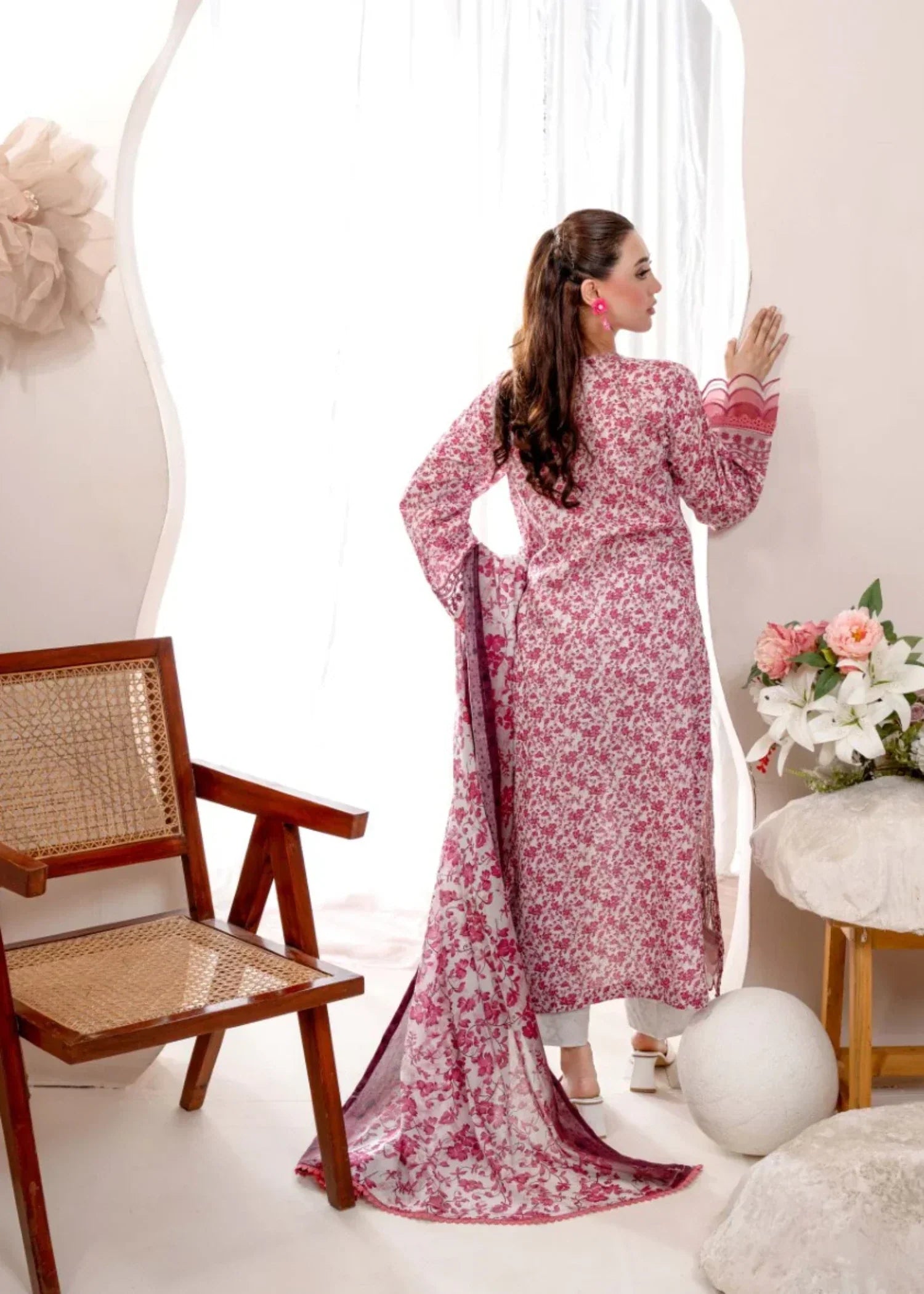 Humna & Momina Printed Lawn Suit with Embroidered Detailing (watermelon pink) Women 3pcs
