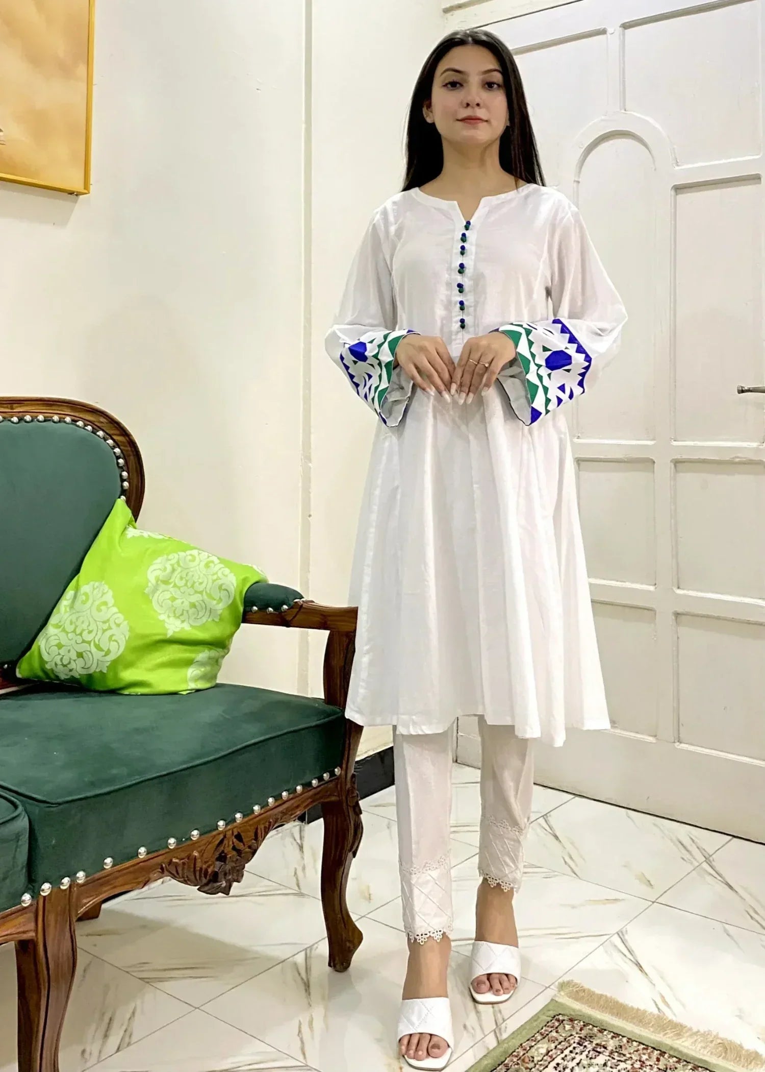 Urban Cut Stitched Breathable Cotton Printed Frock White Women 1pcs