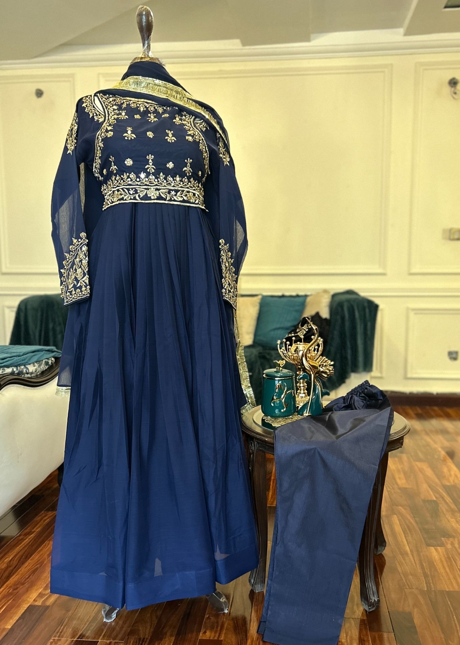 Abana Blue Pishwas Chiffon Women 3pcs