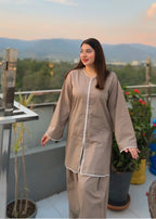 Urban Cut Cotton Embellished Co Ord Set with Farshi Shalwar TAN Women 2pcs