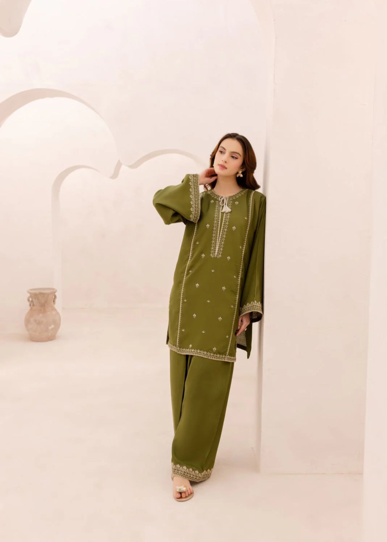 The Turkish Wear Olive Kurta Set Women 2pcs