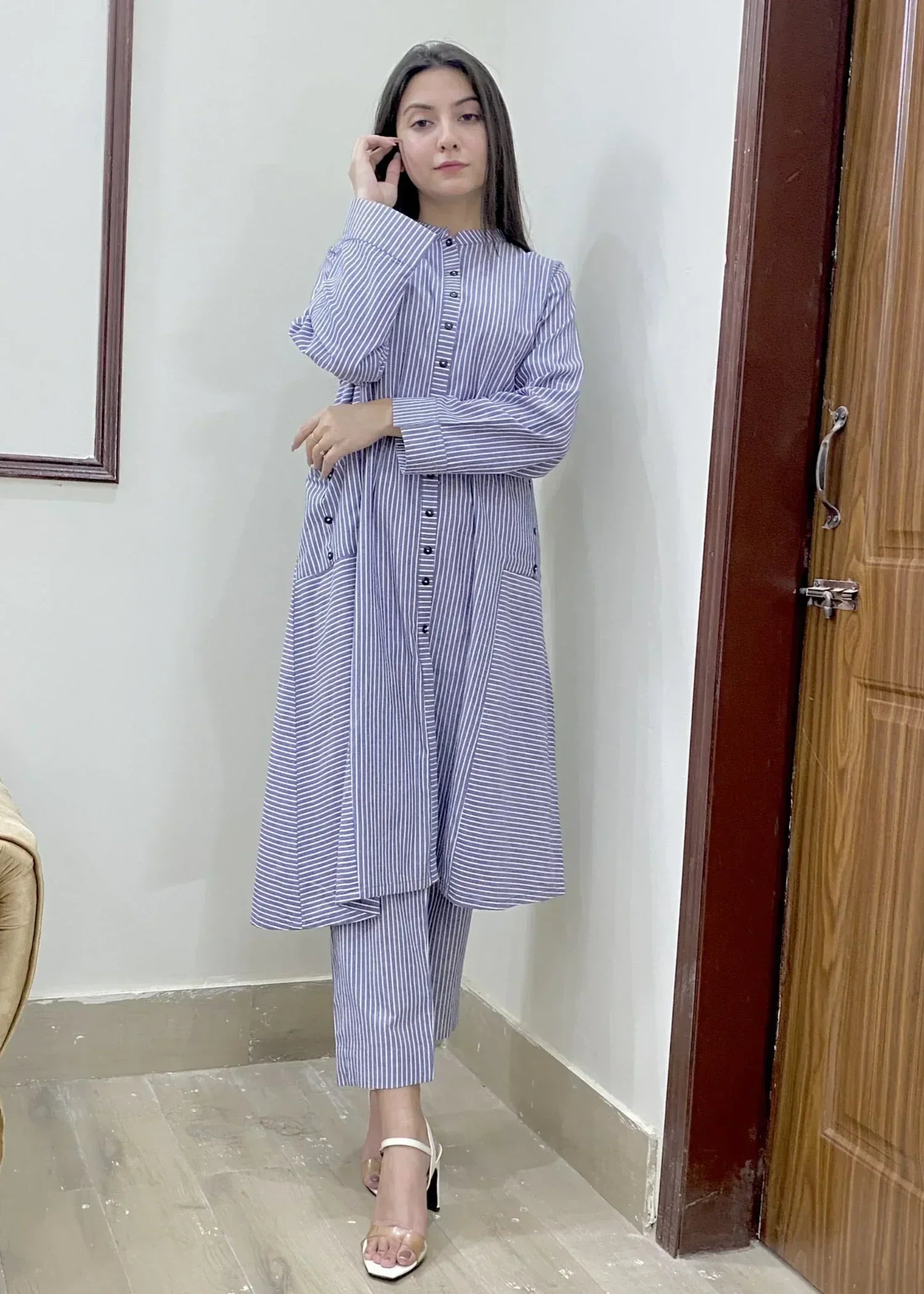 Urban Cut Cotton Yarn Dyed Co Ord Set Lining Women 2pcs