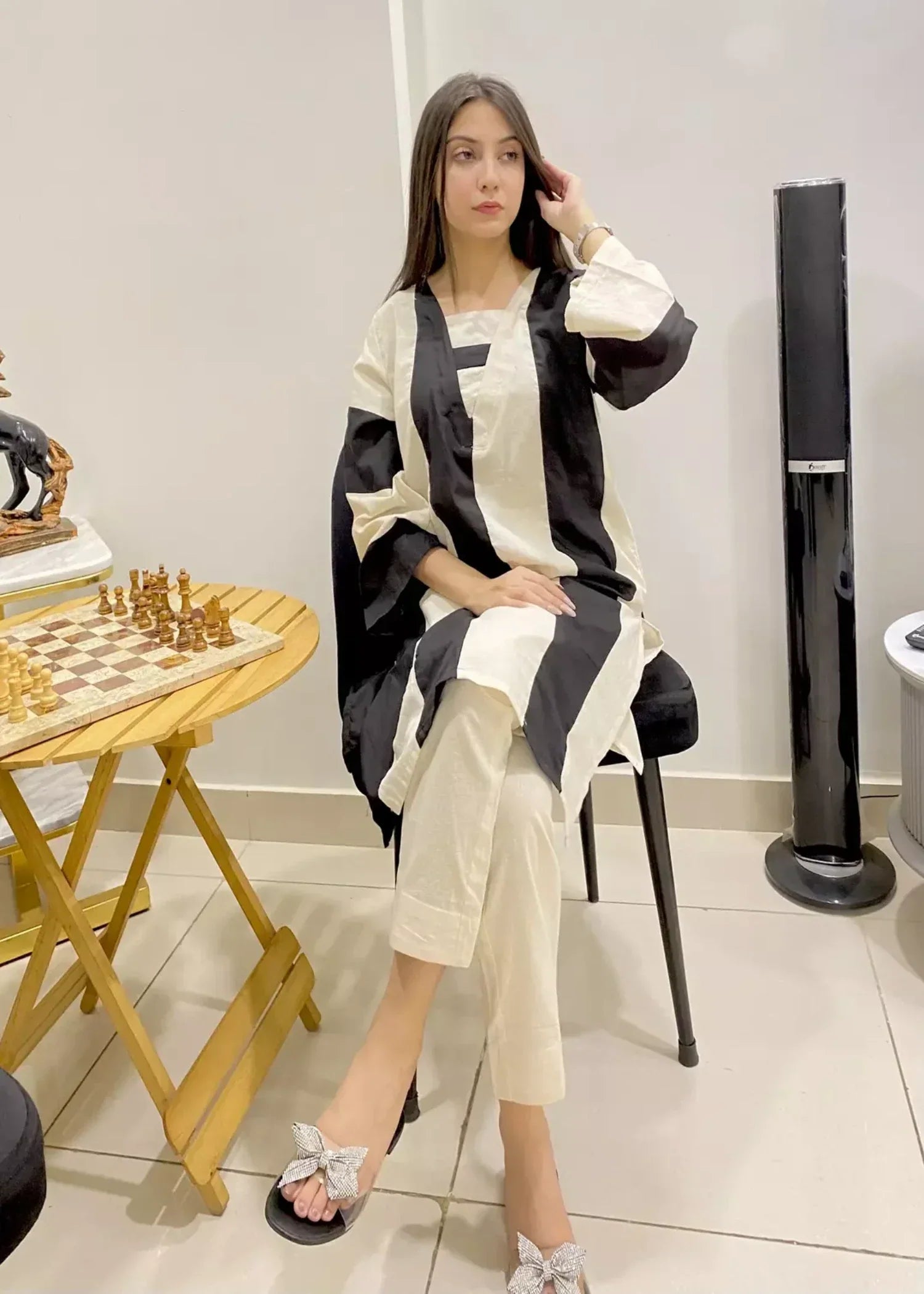 Urban Cut Cream + Black Stitched Shirt 100% Cotton Women 2pcs