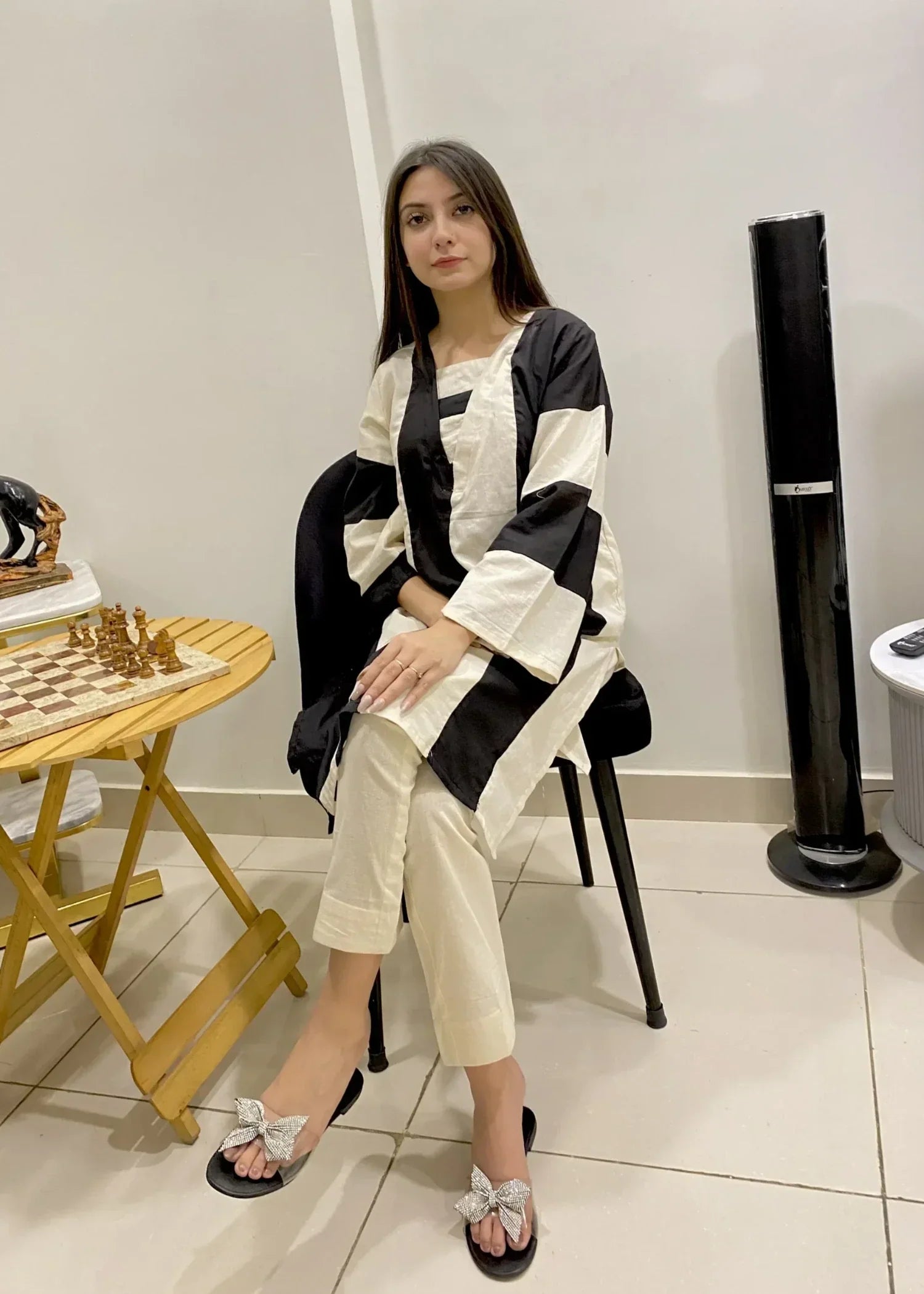 Urban Cut Cream + Black Stitched Shirt 100% Cotton Women 2pcs