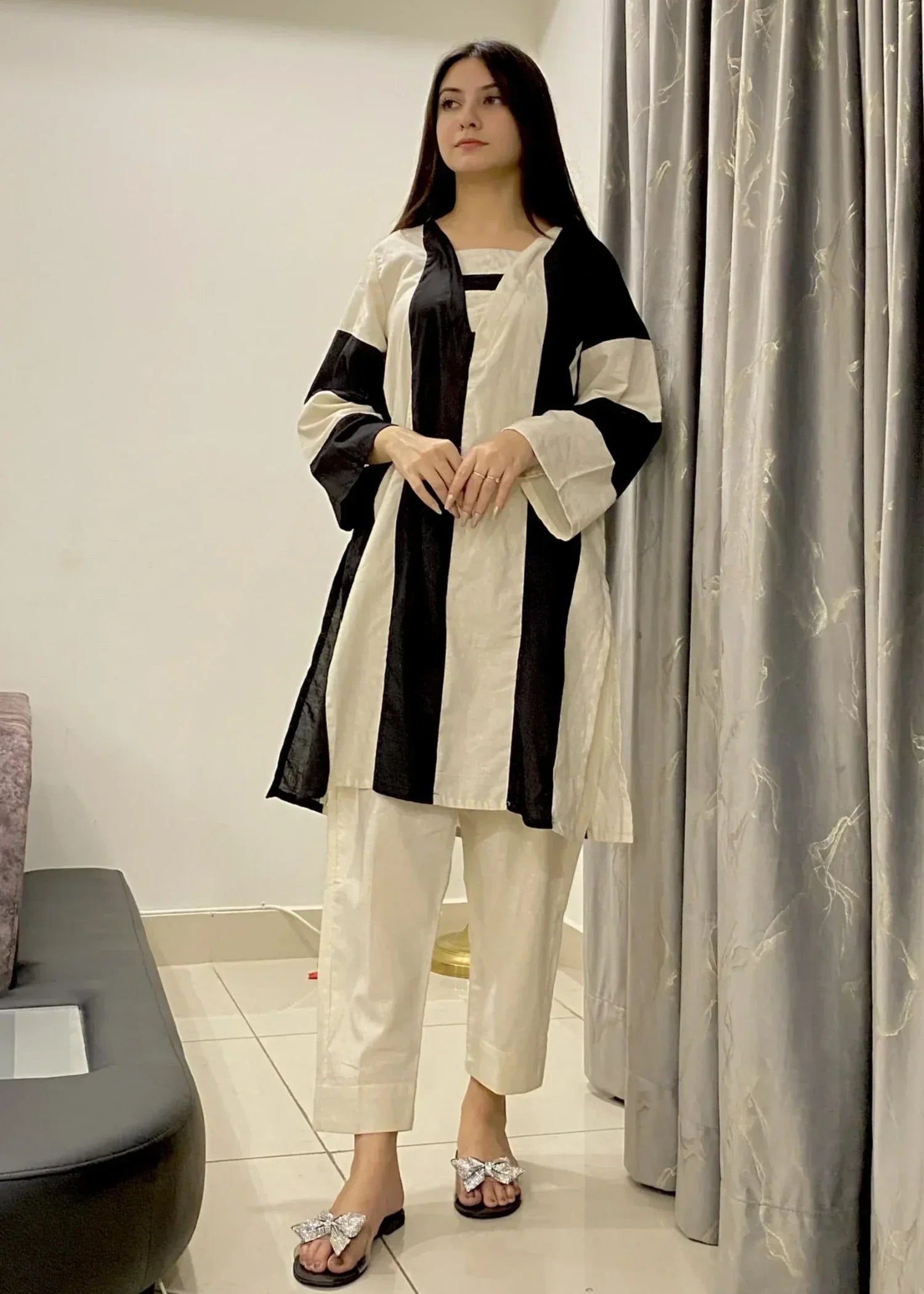 Urban Cut Cream + Black Stitched Shirt 100% Cotton Women 2pcs