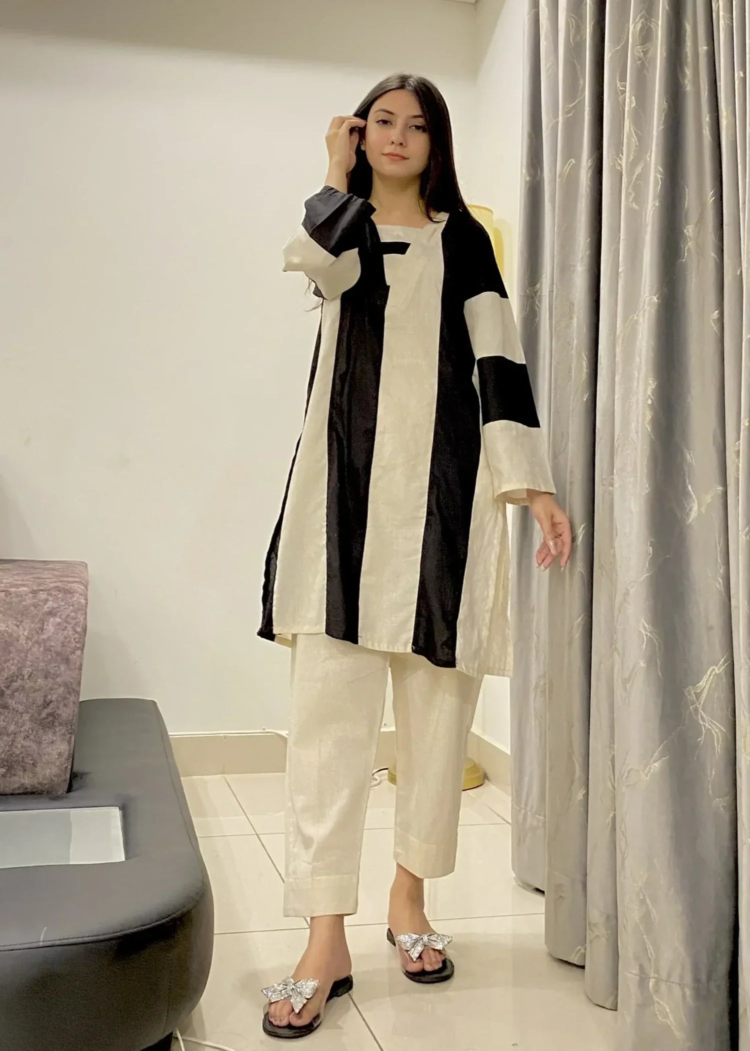 Urban Cut Cream + Black Stitched Shirt 100% Cotton Women 2pcs