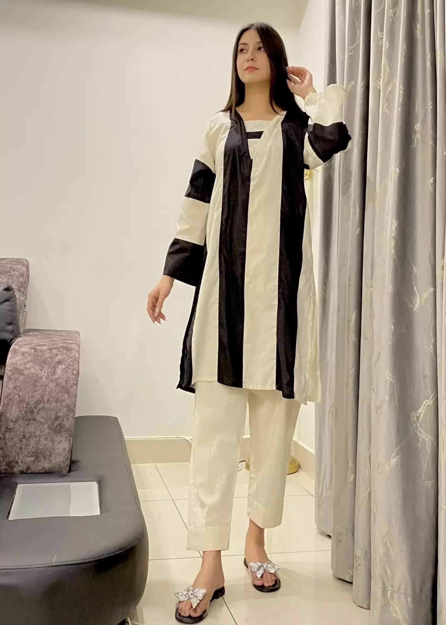 Urban Cut Cream + Black Stitched Shirt 100% Cotton Women 2pcs