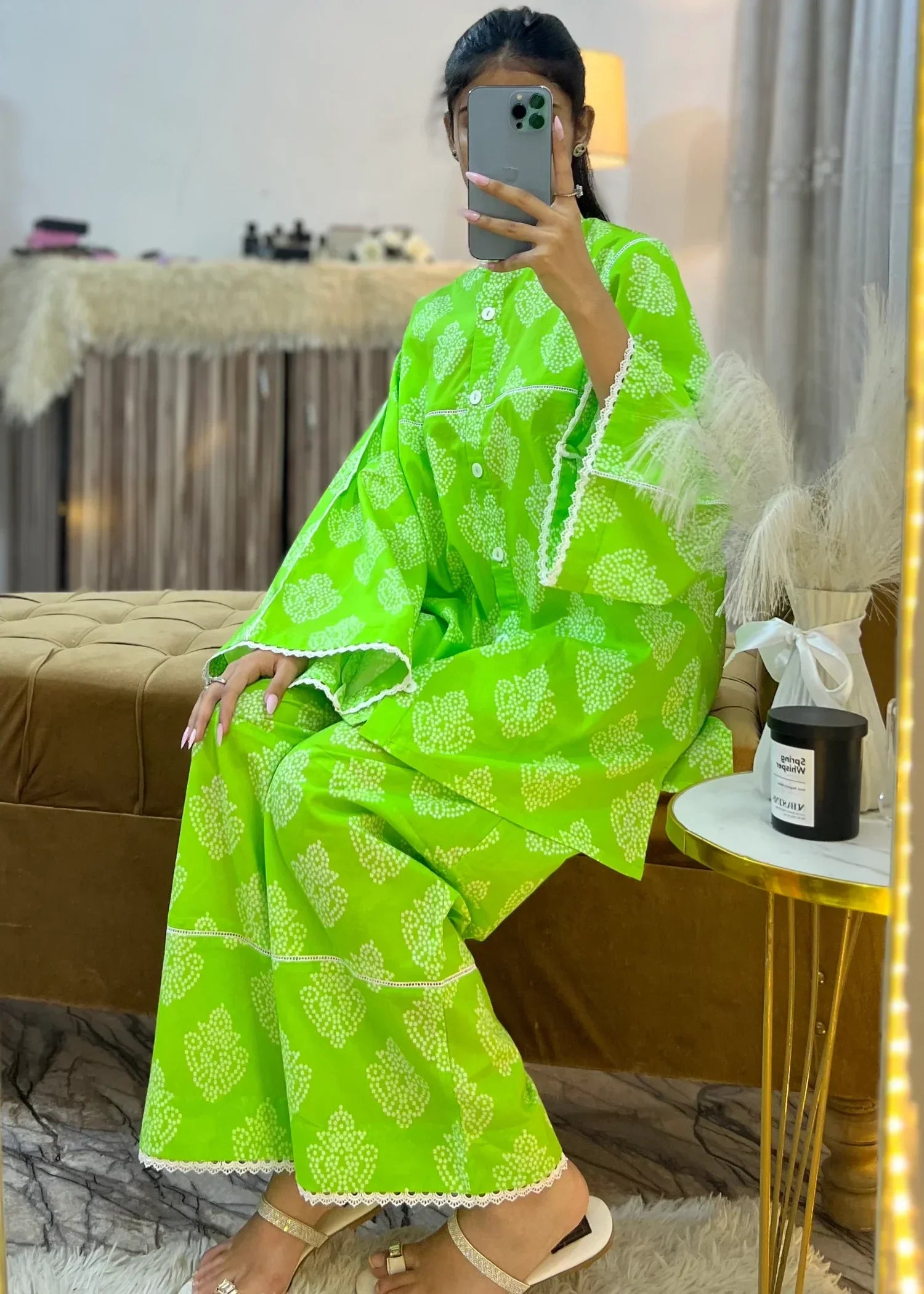 Urban Cut Lawn Printed Co Ord Set Light Green Women 2pcs