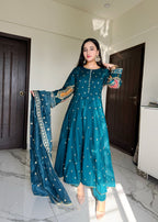 Suits By Sadia Teal raw silk Women 3pcs