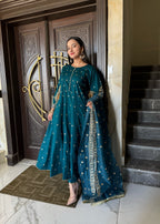 Suits By Sadia Teal raw silk Women 3pcs