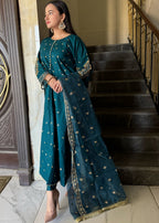 Suits By Sadia Teal raw silk Women 3pcs