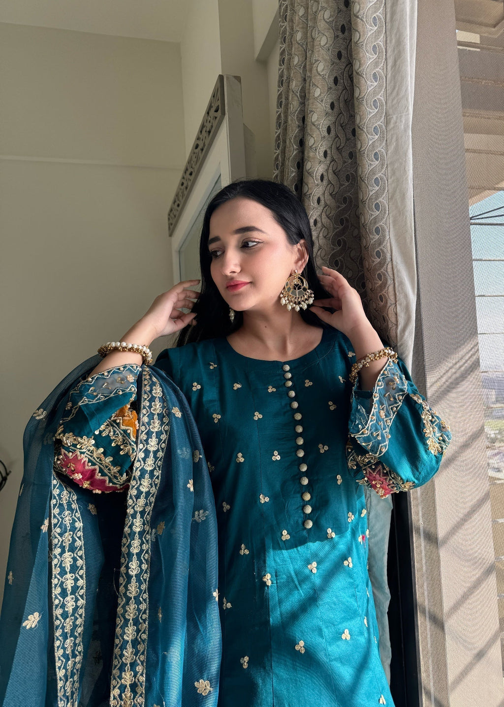 Suits By Sadia Teal raw silk Women 3pcs