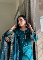 Suits By Sadia Teal raw silk Women 3pcs