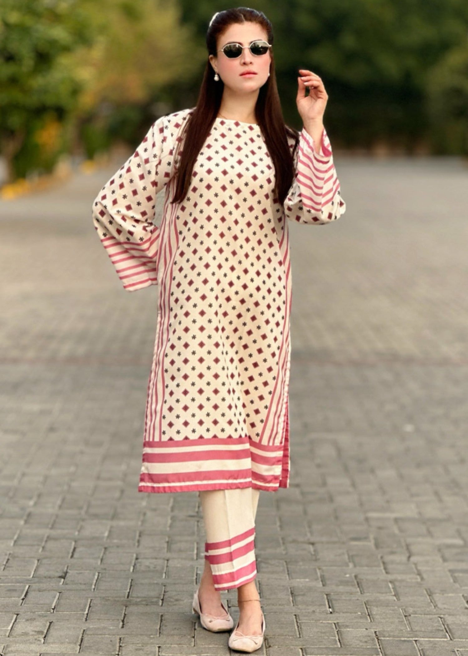 By-East Lawn Suit Printed (Pink) Women 2pcs